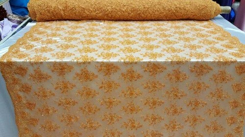 Orange Hand Beaded Lace Fabric Sold by Yard Floral Flowers Embroidered Double - Picture 4 of 8