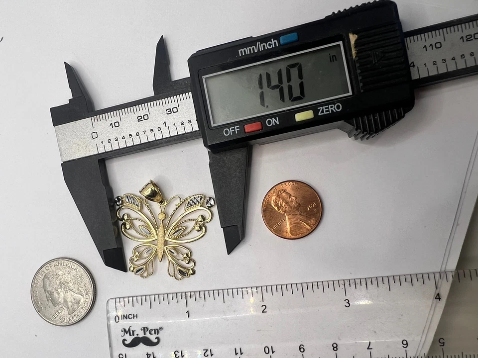 GoLD Mariposa Colgante 14k Sólido Collar Filigran Amarillo Blanco Regalo 1.35” Grande Foto 4 de 4