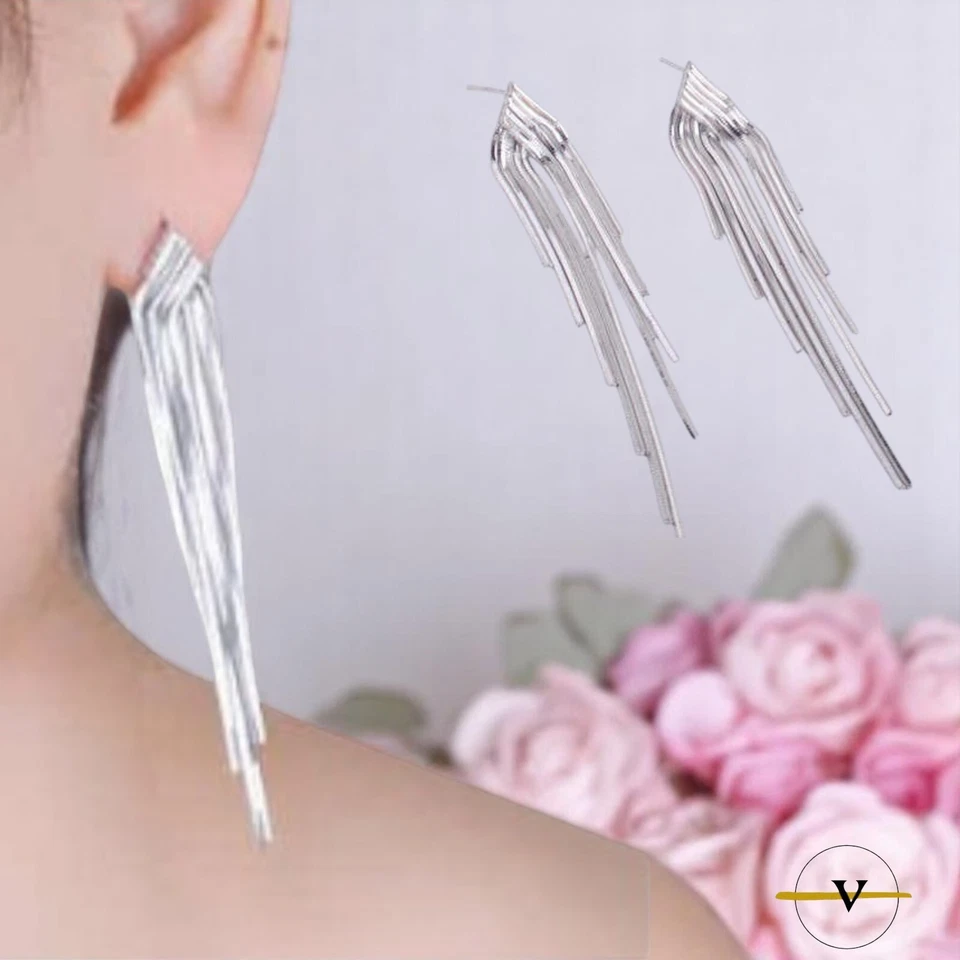 ORECCHINI DONNA PENDENTI IN ARGENTO 925 RODIATO RAGAZZA REGALO MODA LUNGHI - Immagine 2 di 4