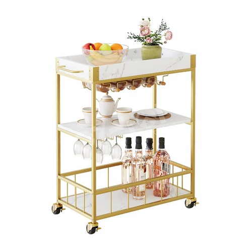 Serving Bar Wine Shelf Rack Drinks Cart Kitchen Trolleys Glass Holder Bottle - Picture 9 of 10