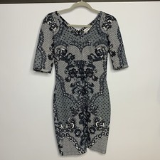 Yoana Baraschi Dress Womens 2 Gray Faux Lace Pattern Scoop Neck 3/4 Sleeve Party