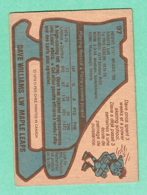 1) DAVE WILLIAMS 1979-80 O-PEE-CHEE # 97 MAPLE LEAFS EX/EX+