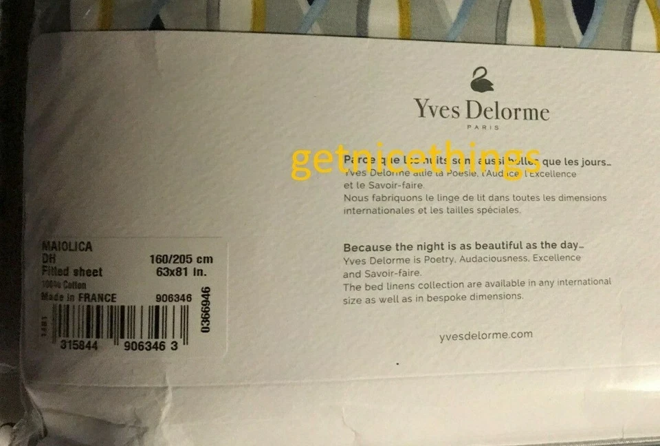 NUEVO CON ETIQUETAS Sábana Ajustable Yves Delorme Maiolica Queen Geométrica Azul Blanco Algodón Percal Foto 3 de 4