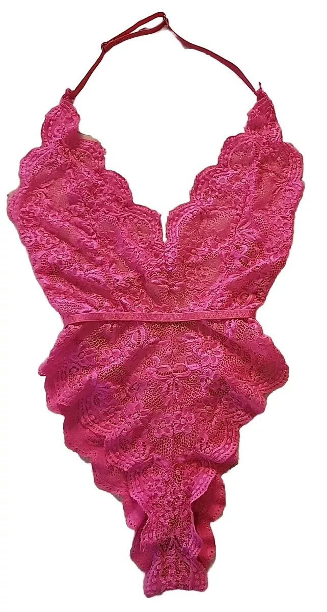 Vtg 80s Bright Pink Lace Teddy Bodysuit Thong Lingerie Sm Sissy 1 Piece  Strappy