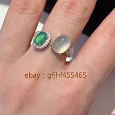 Natural Geen White Jade icy chalcedony Crystal Ring Real Genuine Silver Plating