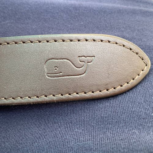 Vineyard Vines Belt Mens sz 32 Red Ice Hockey Brass Canvas Leather Made in USA - Picture 2 of 13