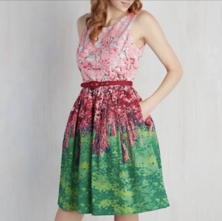 MODCLOTH Pink Green Cherry Blossom Tree Spring Lined Dress Pockets 