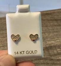 14K Yellow Real Solid Gold 2 Heart Cz White Sleeper Studs Earrings Screw-back
