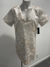 Lulus Champagne Shift Dress Lg Go with the Glow Floral Jacquard V Neck Gold NWT