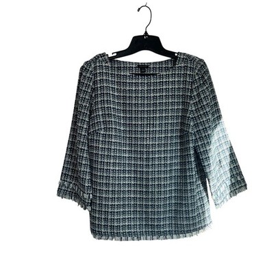 Ann Taylor Blue White Tweed Top Fringe Trim Textured Blouse Chic Size 8