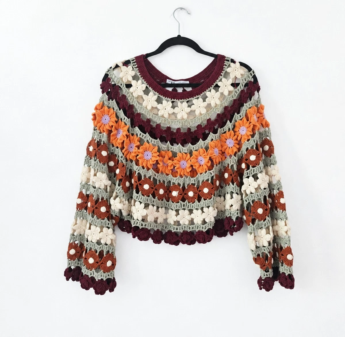 ZARA rare cotton blend Flower Crochet knit oversize jumper Boho Cottagecore UK S