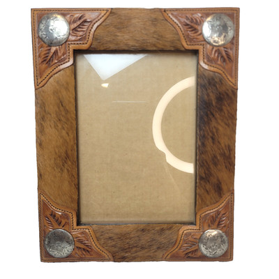 VTG Western Style Hand Tooled Leather Cow Hide Concho Picture Frame For 5x7