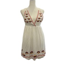 White Embroidered Flowers V-Neck Mini Dress Open Back Adjustable Boho Beach Sz M