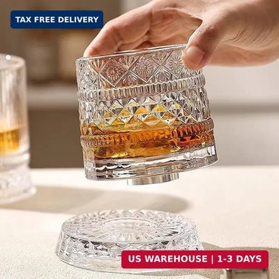 360° Rotating Whiskey Glass Spinning Crystal Bourbon Tumbler Old Fashioned Scotc