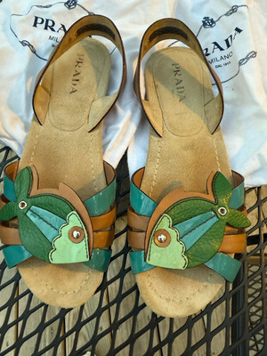 PRADA Brown Green Leather FISH Calf Sea Flat 36 Sandals Shoes Box