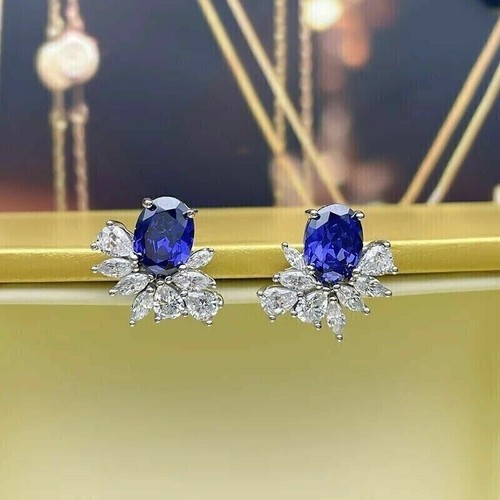 3.6Ct Prong Earrings Lab Grown Diamond & Natural Sapphire 14K White Gold Women - Picture 5 of 5