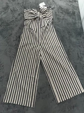 English Factory Jumpsuit Womens Medium Gray Black Striped Strapless Back Zip