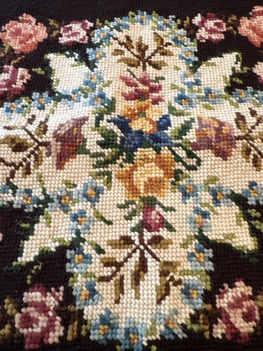Vintage Floral on Black Needlepoint Chair Or Pillow Cover 13.5”x14” Completed - Picture 8 of 8
