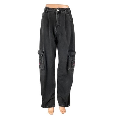 Wake Women's Black High Rise Y2k Utility Baggy Wide Leg Cargo Denim Jeans Size S