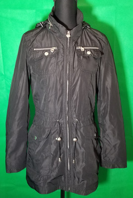 Laundry Shelli Segal Black Zip Hooded Rain Windbreaker Trench Jacket Size XS