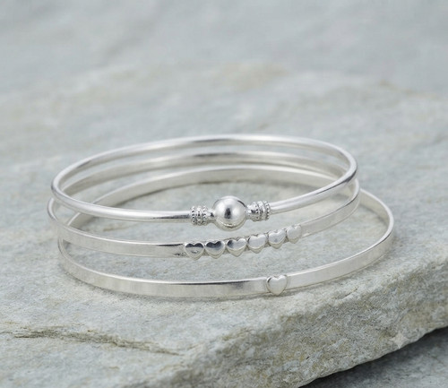Handmade 925 Silver Bangle Set, Heart & Ball Bead Design Bangle Gifts For Her