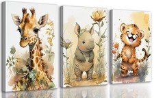 3Pcs Safari Nursery Canvas Wall Art watercolor baby Animal Wall Decor Lovely ...