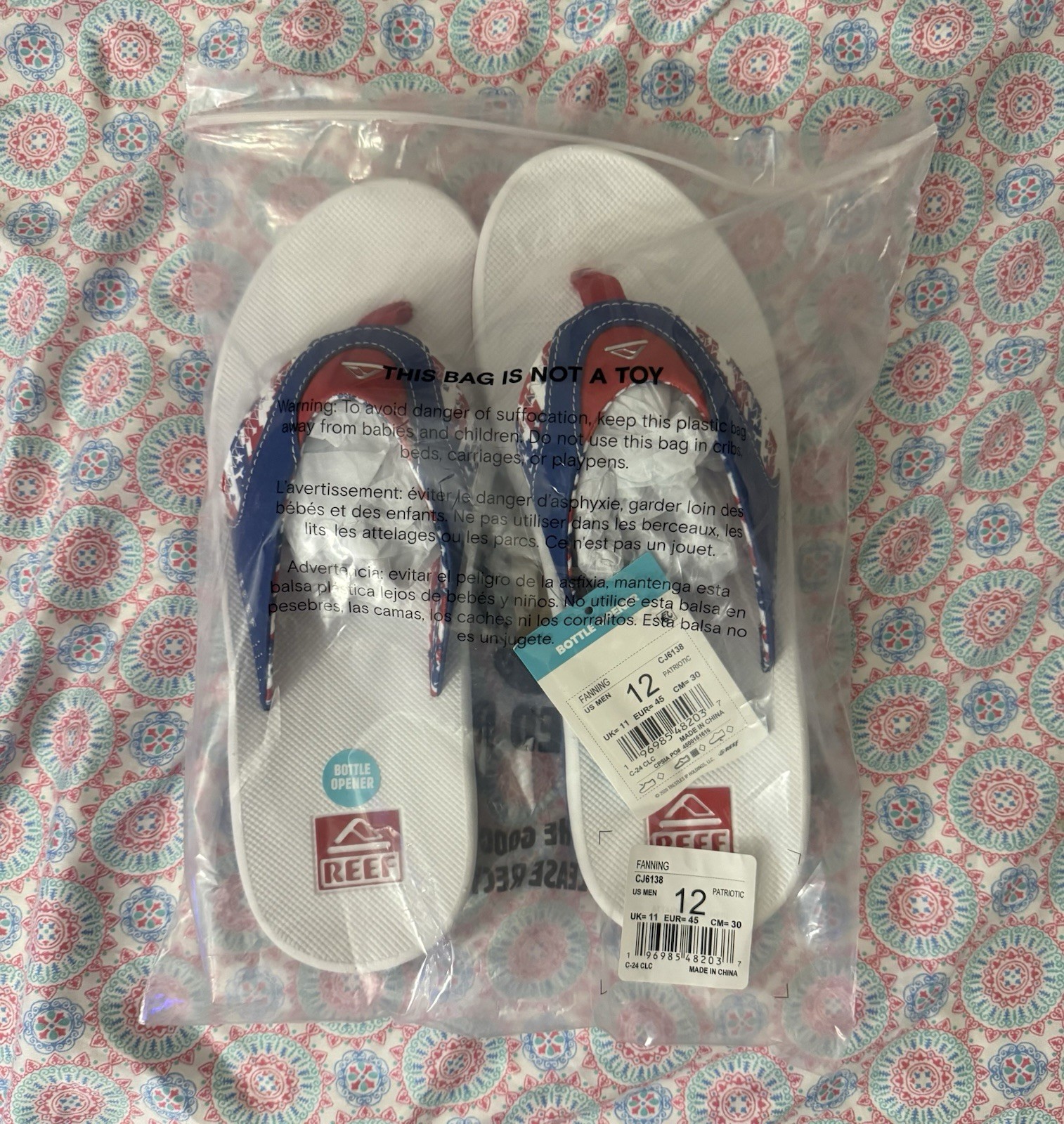 Reef Fanning Flip Flops Patriotic Red White Blue USA Bottle Opener Sandal US 12