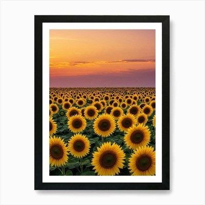 Sonnenblumenfeld bei Sonnenuntergang Kunstdruck gerahmt Wandbild Poster Leinwanddruck Bild