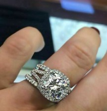 4.Ct Cushion Cut Simulated Diamond Engagement Wedding Ring Set 14K White Gold