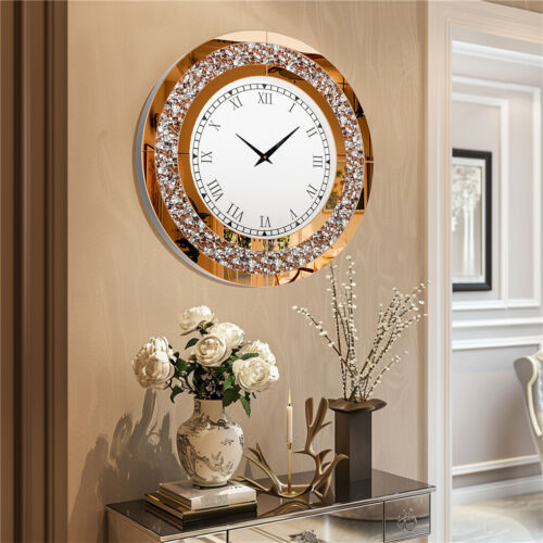 Classic Round Wall Clock Stylish Crystal Diamond Mirror Clock Home Office Decor - Picture 2 of 21