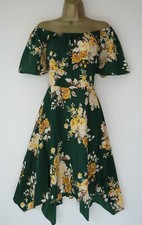 SHEIN GREEN FLORAL HANKY HEM BARDOT SKATER TEA DRESS SIZE 2XL 20 SUN OFFSHOULDER