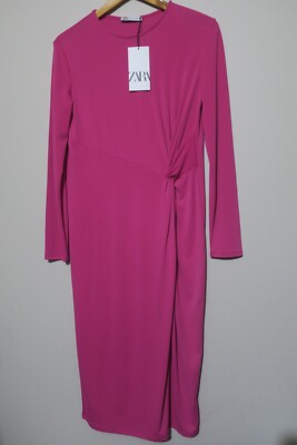 Zara Pink Long Sleeve Midi Dress With Front Knot Size S 4770/515
