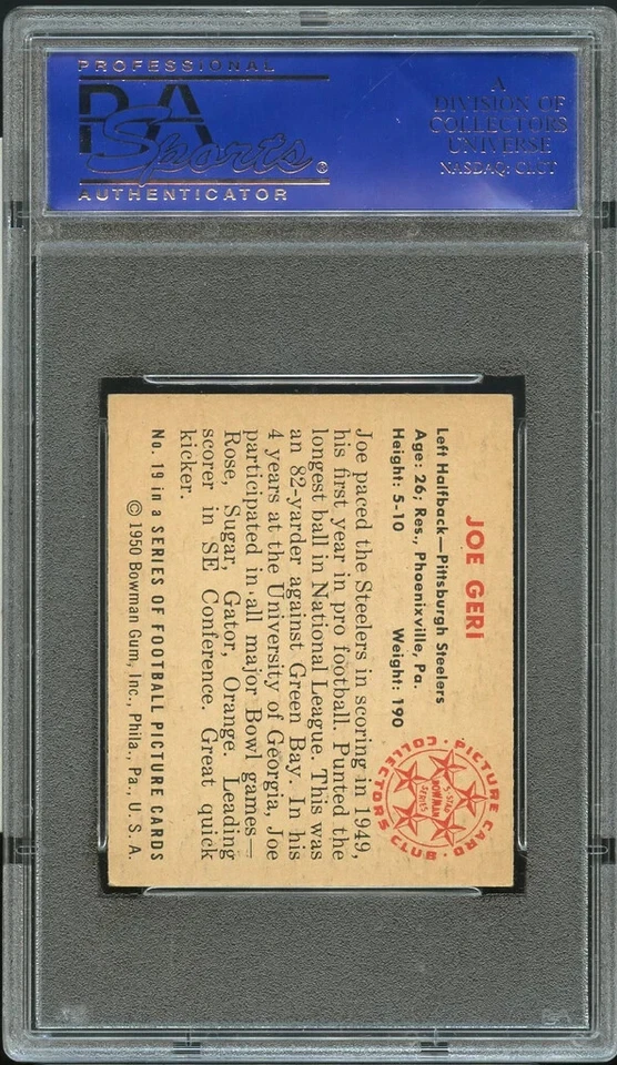 1950 Bowman FB Card # 19 Joe Geri Pittsburgh Steelers ROOKIE RC PSA NM 7 - Image 2 of 2