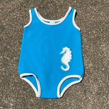 Vintage 70s Carters Kids Blue Seahorse One Piece Swimsuit Sz 12m