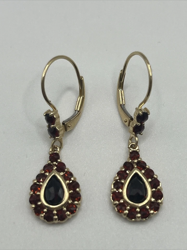 Vintage 14k Yellow Gold Natural Pear Shape Rhodolite Garnet Dangle Earrings - Image 4 of 4