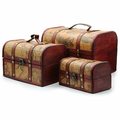 Treasure Chests Old Map Colonial Trunk Set of 3 Vintage Storage Box