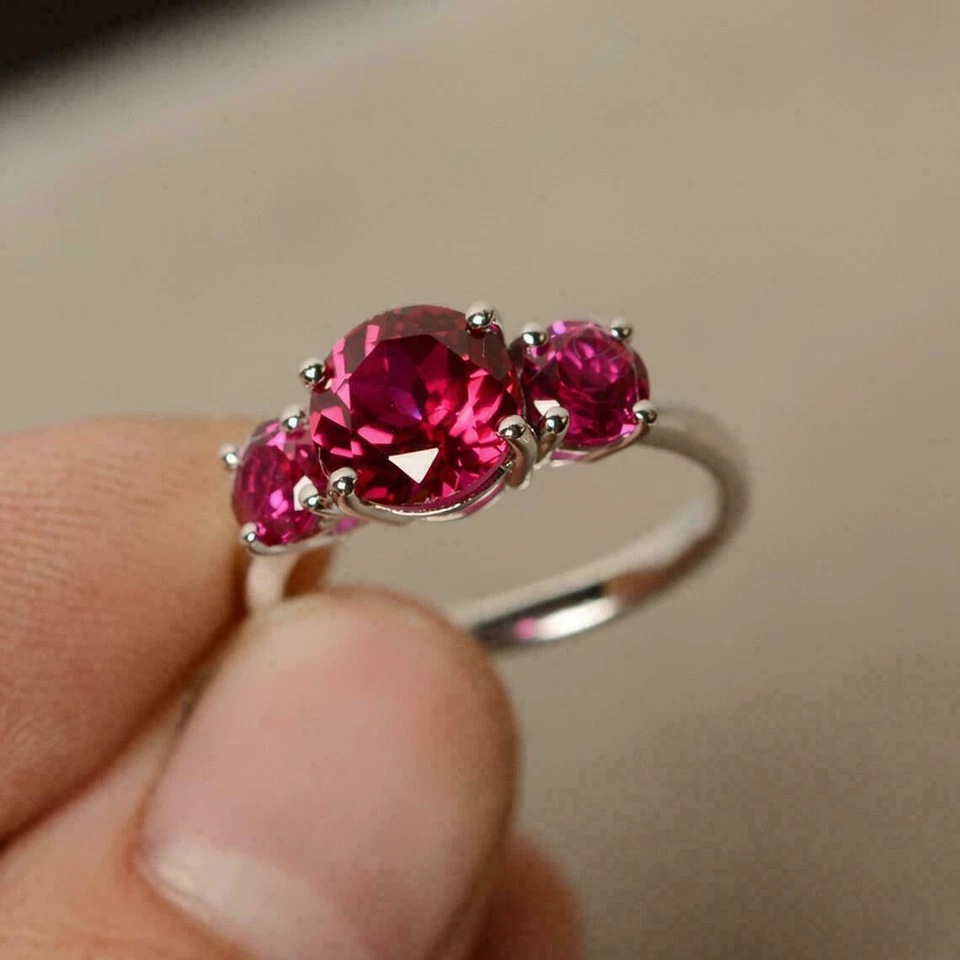 Lab Created Round Cut Red Ruby Three Stone Style Womens Engagement Handmade Ring - Image 4 of 4
