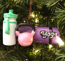 Exercise Themed  Ornament Christmas Tree Yoga Mat Water Bottle Weight Workout