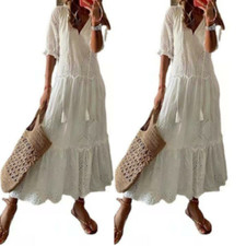 Women's Summer Beach Sundress Holiday Casual Lace V Neck Loose Maxi Dress Boho