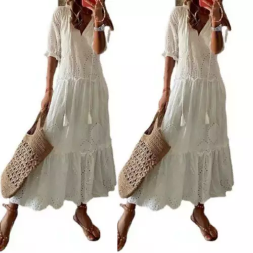Maxi abito donna estivo spiaggia prendisole vacanza casual pizzo scollo a V ampio boho - Foto 2 di 7