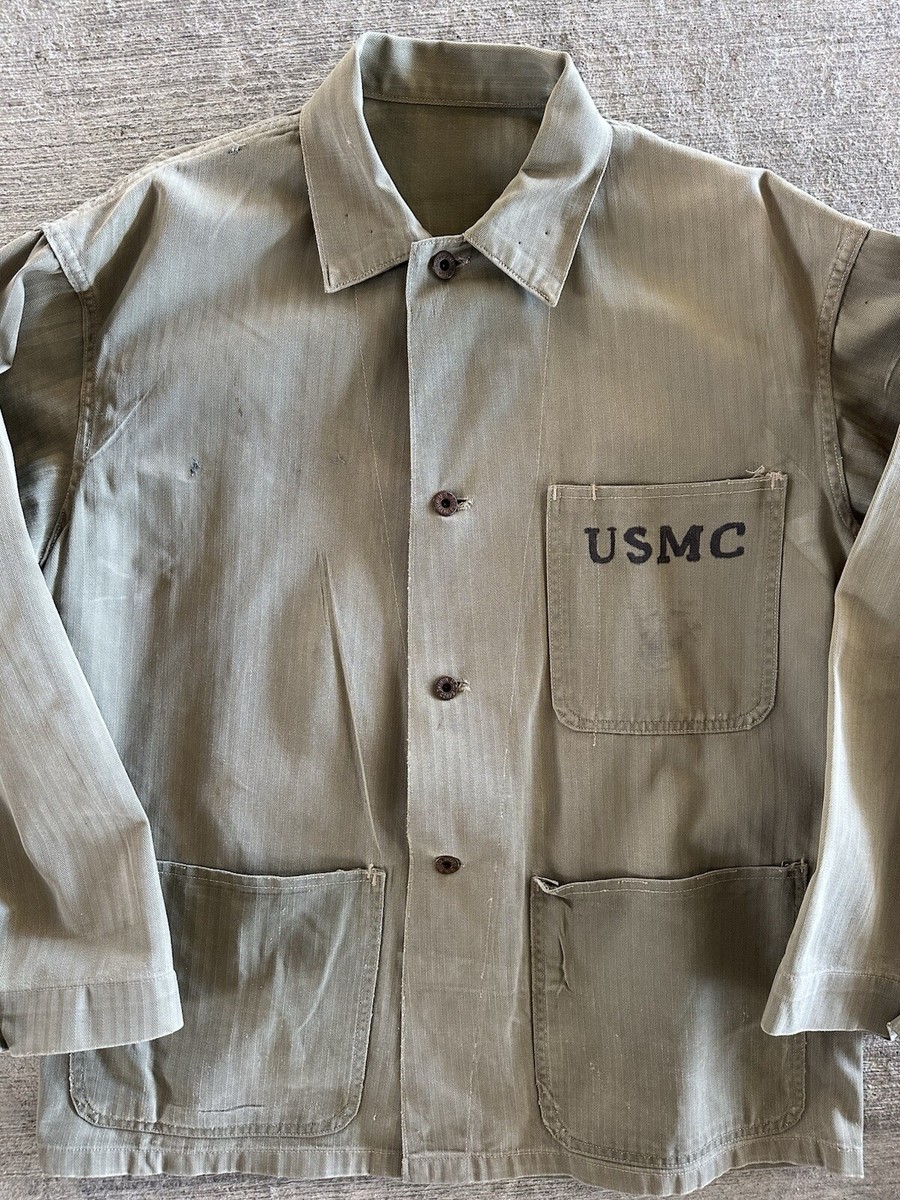 Usmc シャツWW2USMCP-41HBT Jacket P41 WWII USMC 1940s P41 HBT Herringbone Utility Shirt Jacket Metal