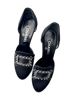 CHANEL Vintage Black Satin D'orsay Pump Large Buckle Front Size 38