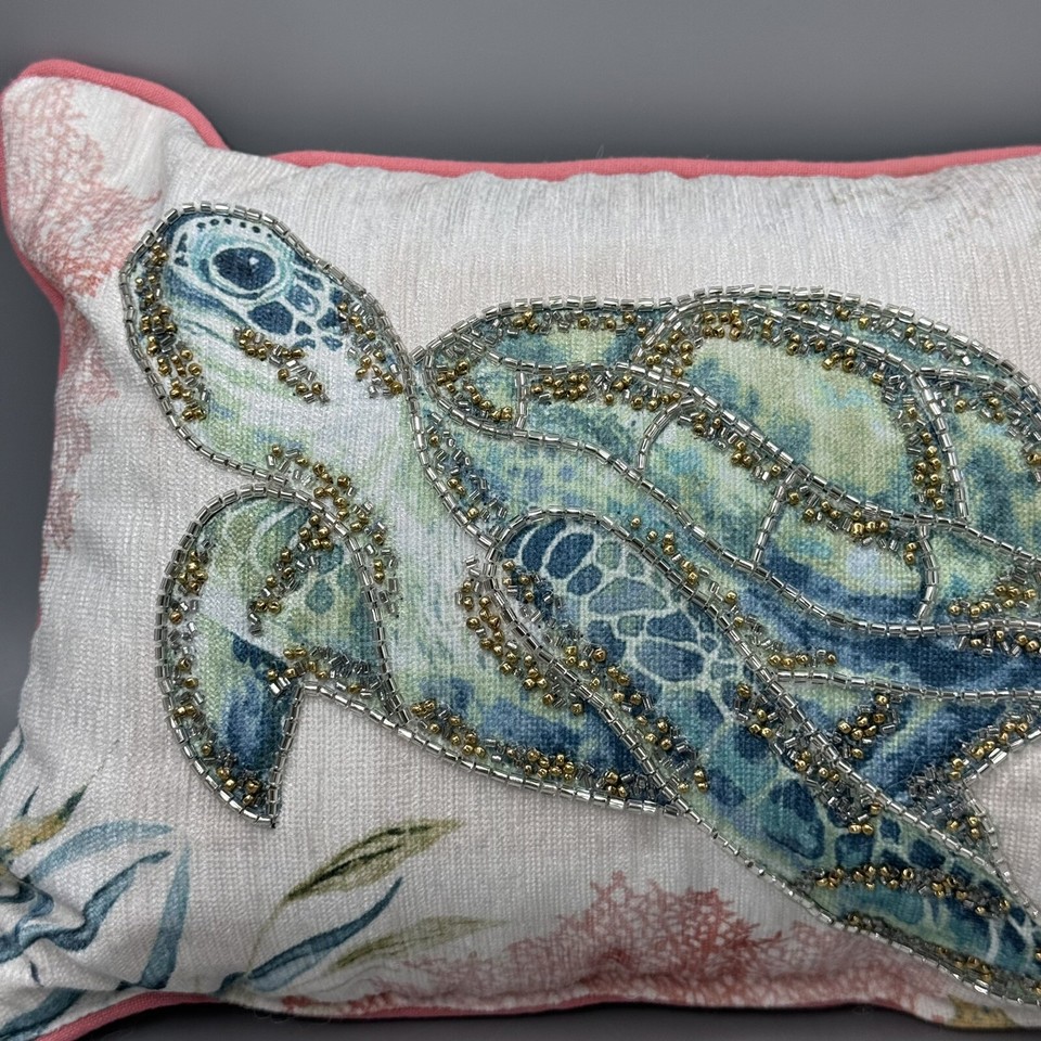 Coastal Collection Beaded Sea Turtle Coral Accent Pillow Beach Ocean
