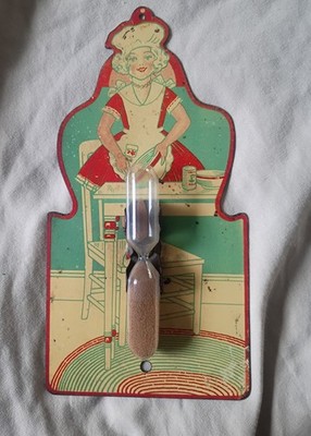 1950s MCM Metal Kitchen Hour Glass Timer Metal Sign Cooking Mixing Woman