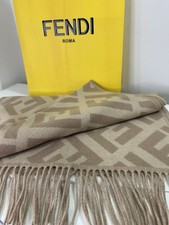 Fendi FF Cashmere Fringed Beige Long Scarf With Logo