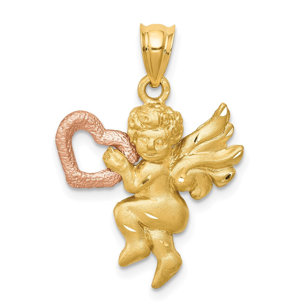 14k Two-tone Gold Satin Angel Charm Pendant L-36mm, W-20mm 2.35gm