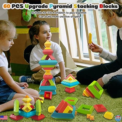 Montessori Stacking Building Blocks 60 PCS Sensory Toys for Toddlers Ages 2-4 - Picture 2 of 6