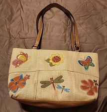 Borsa Rosetti beige rattan intrecciata fiori farfalla coccinella blocco top cinghie tote