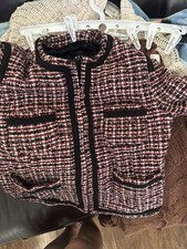 MNG by Mango Women Red Black Tweed Plaid Zip Front Blazer Jacket Size 4
