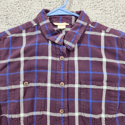 DULUTH TRADING Shirt Womens Large Purple Plaid Flannel Pocket Long Sleeve